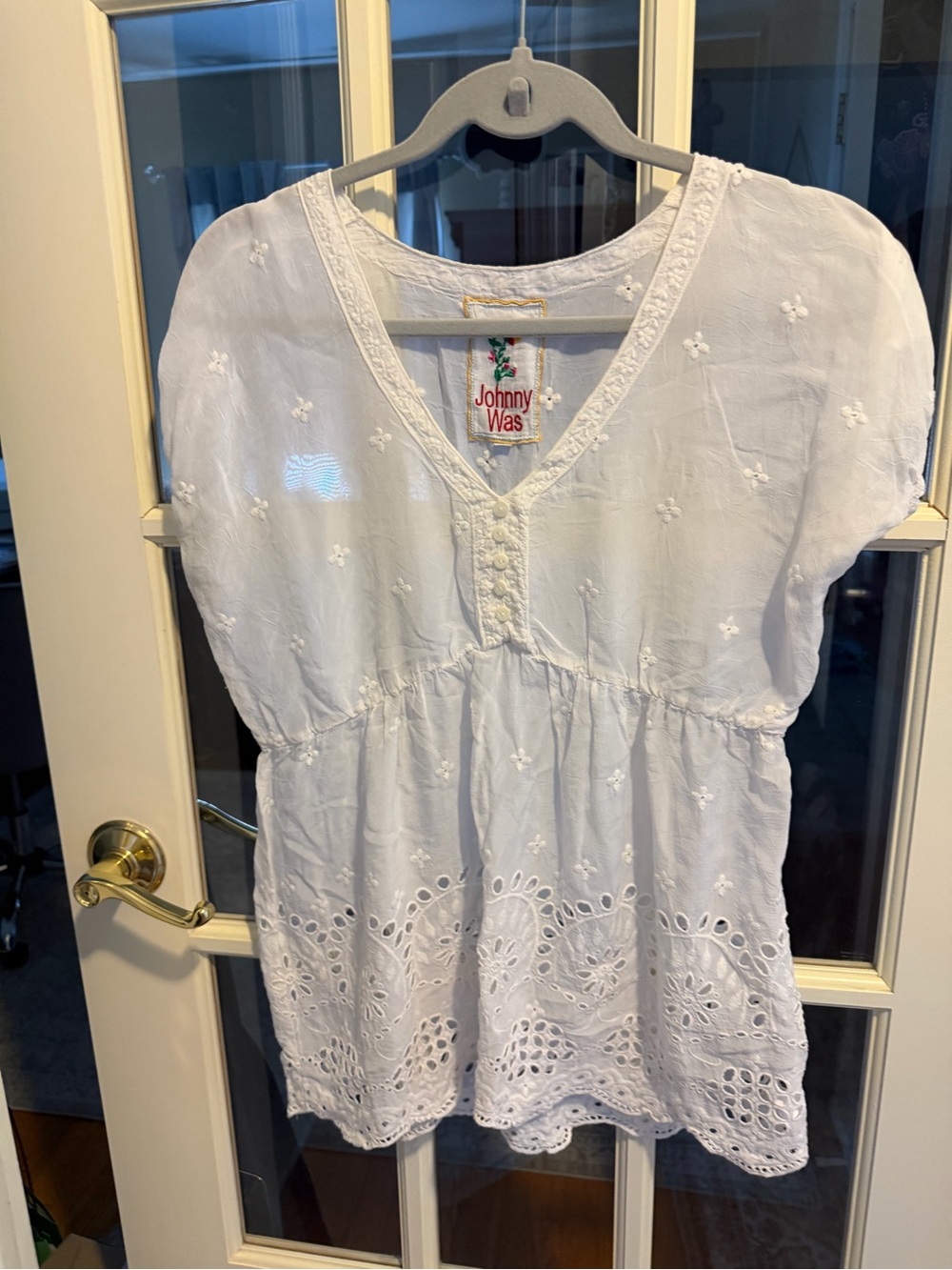 Johnny Was White Cotton Embroidered Eyelet Peasant Tunic